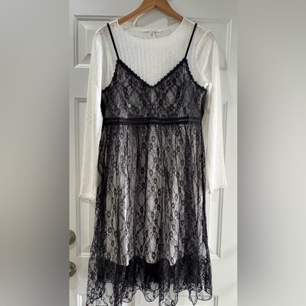 After Market White Black Lace Dress Women’s Sz L Long Sleeve NEW